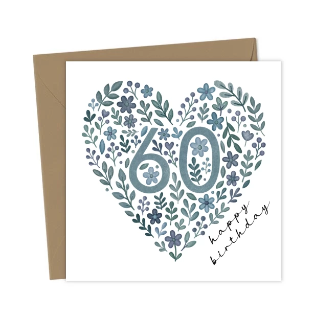 60th Birthday Card for Her - Floral Heart Watercolour Effect - Birthday ...