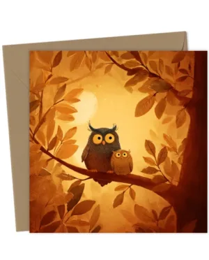 a cute owl mother holding her baby in a tree Greetings Card