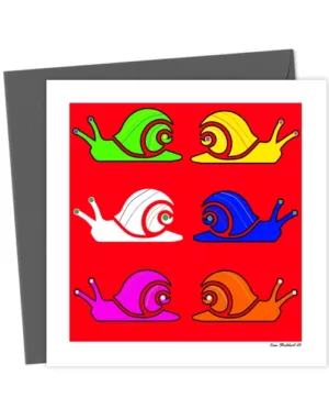 A snail trail, stylised vibrant coloured snails