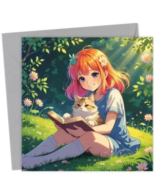 Anime manga style girl with cat, book lover card