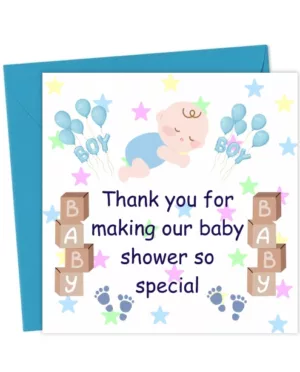 Baby Boy Shower Thank You Card – Blue Baby Footprints, Balloons & Star