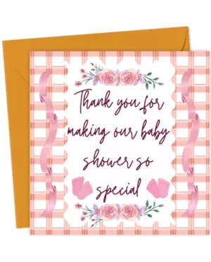 Baby Girl Shower Thank You Card – Soft Pink Gingham Floral UK