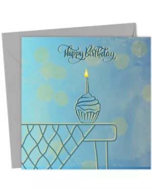 Blue & Gold Bokeh Birthday Card – Cupcake with Lit Candle – Elegant Sc