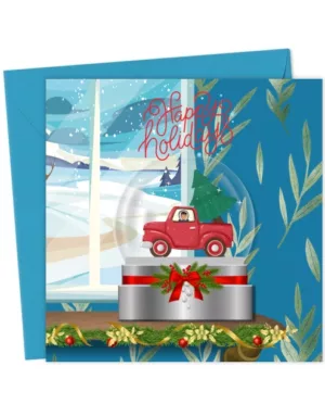 Blue Holiday Card with Snow Globe & Red Truck – “Happy Holidays”