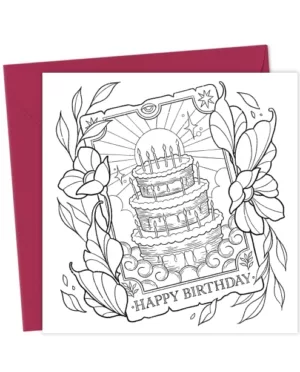 Colour-In Happy Birthday Card – Floral Cake Tarot Tattoo Design