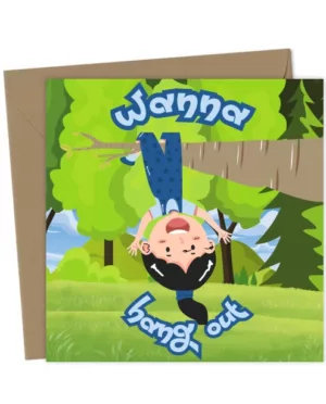 Cute Girl Hanging from Tree Card – “Wanna Hang Out?”