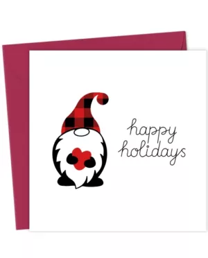 Cute Holiday Gnome Card – “Happy Holidays” in Black Script