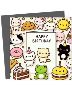 Cute Jellycat Style Kawaii Birthday Card – Adorable Party Animals