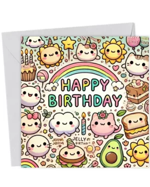 Cute Kawaii Jellycat Birthday Card with Rainbow and Adorable Character
