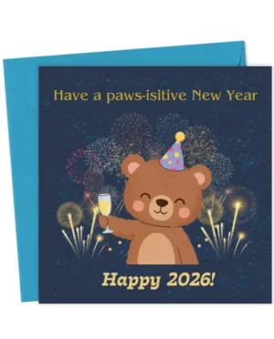 Cute New Year Bear Card 2026 - Funny "Paws-itive" Pun