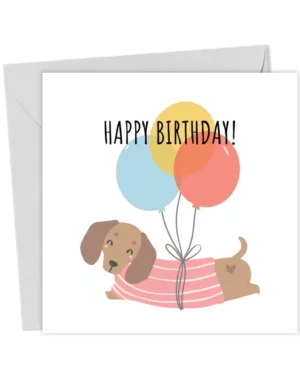 Cute Sausage Dog Birthday Card with Balloons, Funny Dachshund Greeting Card for Dog Lovers