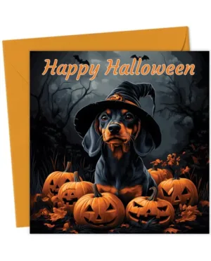 Dachshund with Halloween Pumpkins Halloween Card