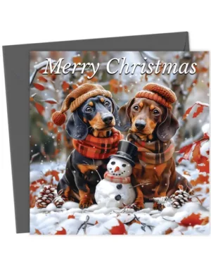 Dachshunds With Snowman Christmas Card