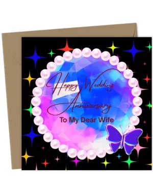 Elegant Wedding Anniversary Card for Wife Featuring Lilac Butterflies, Blue Highlights, and Pearl Details