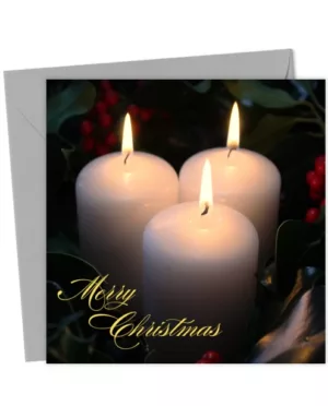Festive candles and holly Merry Christmas card