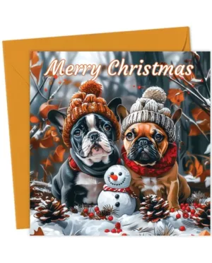 French Bulldogs & Snowman Christmas Card
