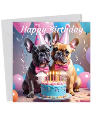 French Bulldogs Wearing Party Hats & Bow Ties Birthday Card