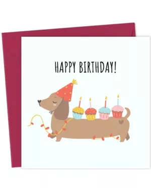 Funny Sausage Dog Birthday Card with Cupcakes, Cute Dachshund Greeting Card for Dog Lovers