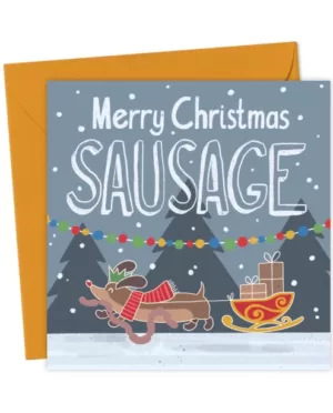 Funny Sausage Dog Christmas Card – “Merry Christmas Sausage” Design