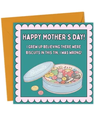 Funny UK Mum Mother’s Day Card – Biscuit Tin Sewing Kit Nostalgia Joke