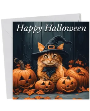 Ginger Cat with Pumpkins Halloween Card