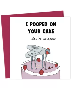 Grossly weird fly cake card. Poo jokes
