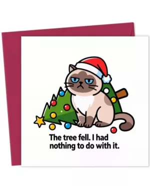 Grumpy Cat with Santa Hat and toppled Christmas Tree