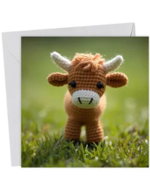 Highland cow crochet knitted card, birthday, blank