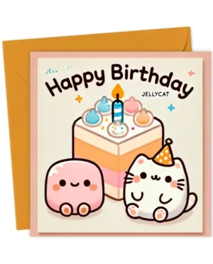 Kawaii Jellycat Happy Birthday Card with Cute Cat & Cake Party Design