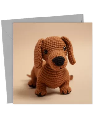 Knitted Crochet Dachshund Sausage dog card, blank, birthday