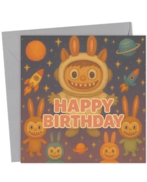 Labubu in Space Happy Birthday Card