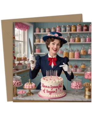 Mary Poppins in a sweet shop birthday card