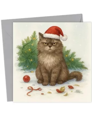 "Not Impressed Cat' - Grumpy Funny Watercolour Christmas Card