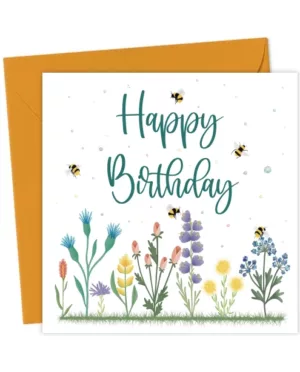 Pretty Happy Birthday Card for Her - Flowers and Bees