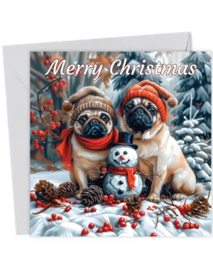 Pugs with Snowman Christmas Card