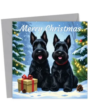Scottish Terriers with Gift Christmas Card