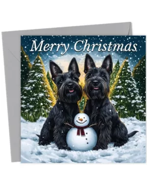 Scottish Terriers With Snowman Christmas Card