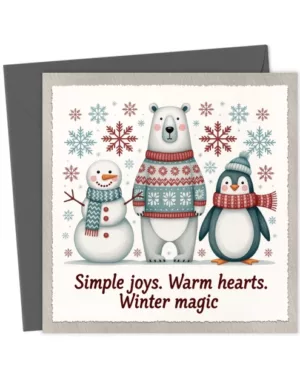 Snowman, polar bear and penguin Christmas greeting card