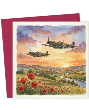 Spitfire over Poppy Field Watercolour Greeting Card - WW2 Aviation Art
