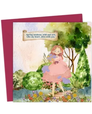 Spring Awakens Card – Girl in Pink Dress with Flowers & Trees