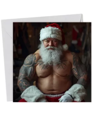 Tattoo Santa, alternative cheeky Christmas card, naughty Santa